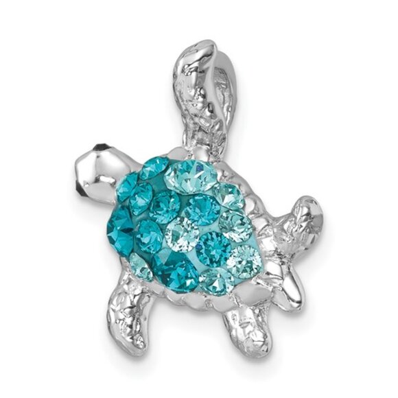 925 Sterling Silver RH-plated Polished Aqua Blue Crystal Turtle Chain Slide Char - Picture 4 of 5